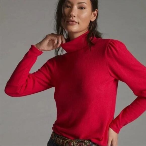 Anthropologie Puff Sleeved Cozy Turtleneck Top Sweater in Hot Pink Womens XL - Picture 1 of 10